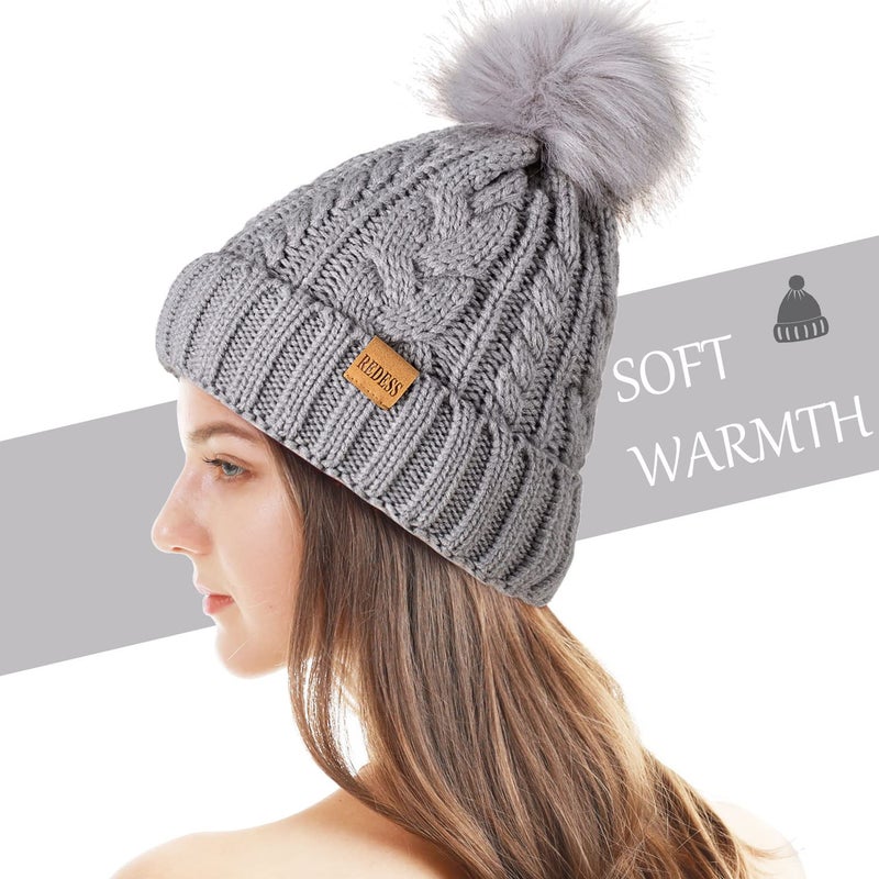 REDESS Women Winter Pompom Beanie Hat with Warm Fleece Lined, Thick Slouchy Snow Knit Skull Ski Cap - Image 3